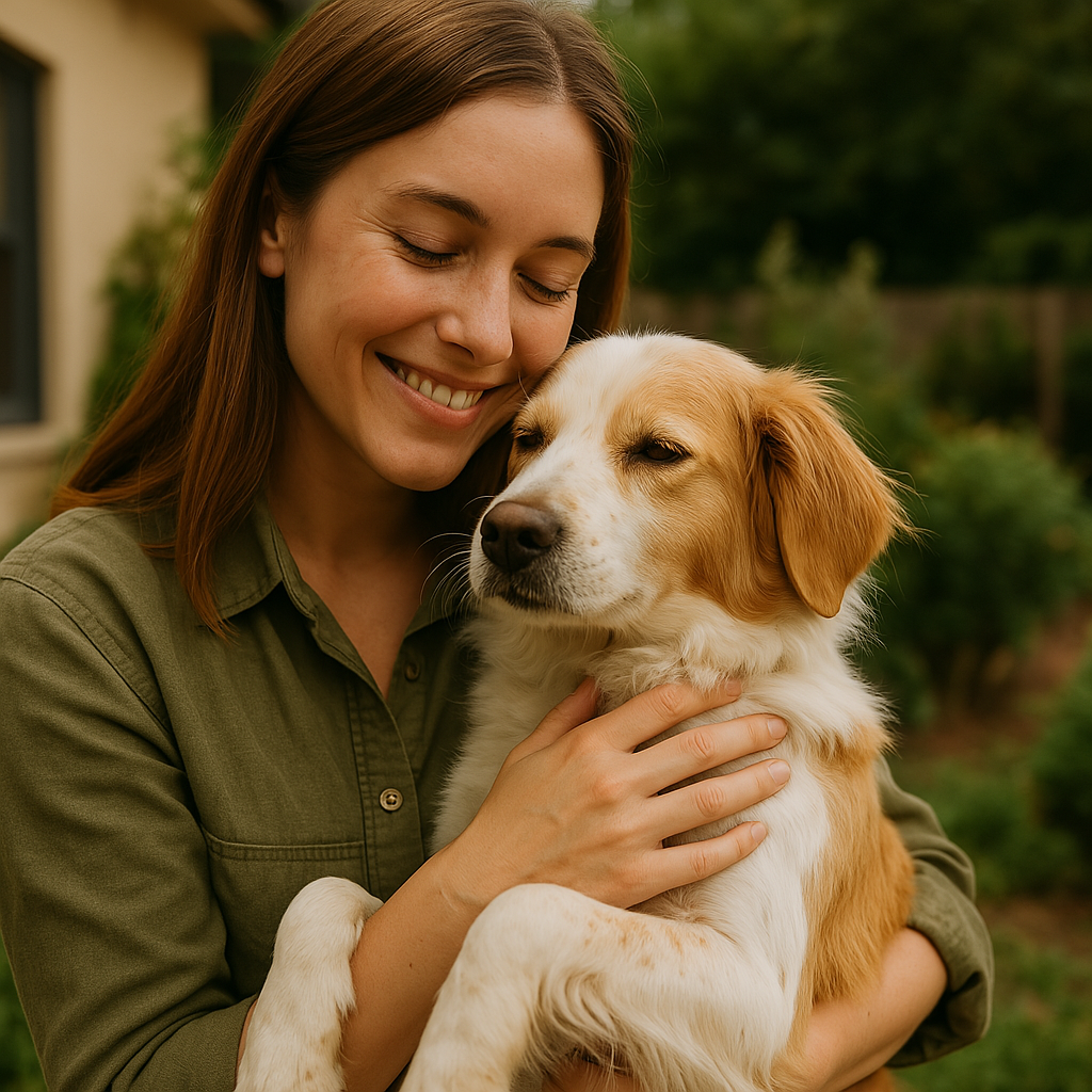Femme souriante en chemise verte câlinant tendrement un chien beige et blanc dans un jardin, illustrant la complicité et le bien-être animal.