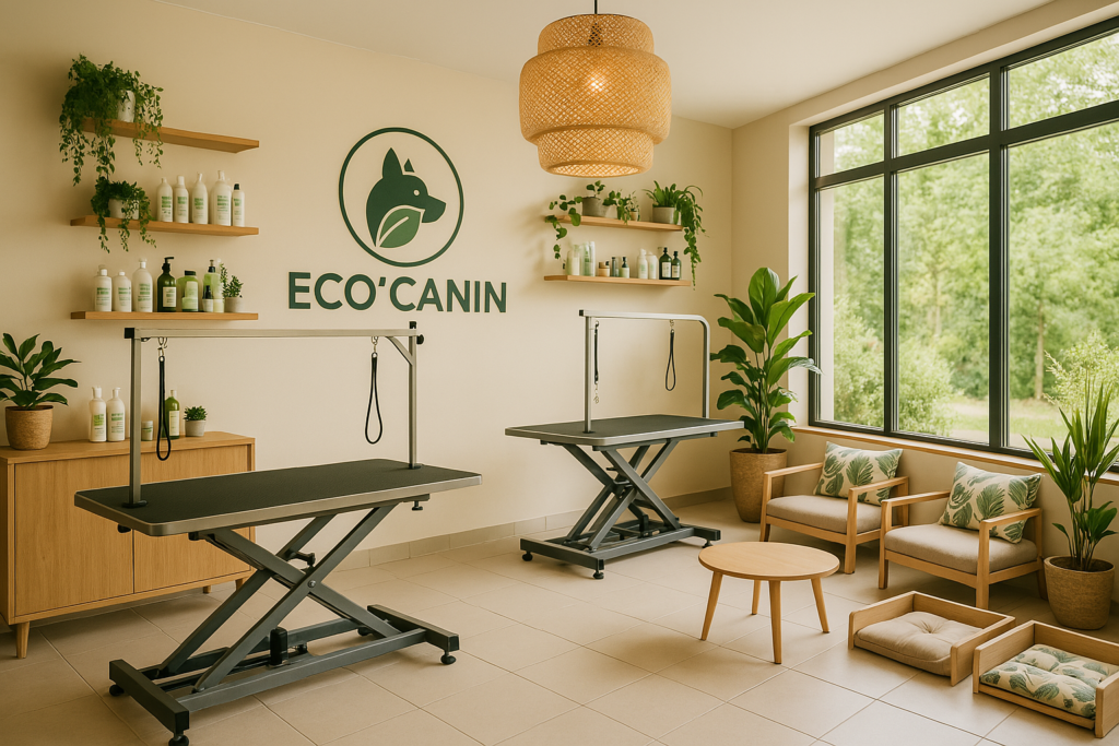 Intérieur du salon de toilettage Eco’Canin avec deux tables de soin, produits naturels en étagères murales, fauteuils en bois, coussins au sol et grandes fenêtres donnant sur la nature.