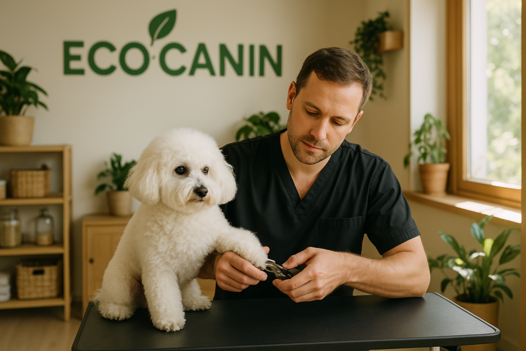 Chien blanc avec des bigoudis colorés assis sur une table de toilettage chez Eco’Canin, entouré de brosses, peignes et ciseaux, dans un cadre végétal chaleureux.