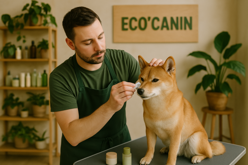 Toiletteur chez Eco’Canin nettoyant délicatement le visage d’un chien Shiba Inu sur une table de soin, dans un salon naturel entouré de plantes.