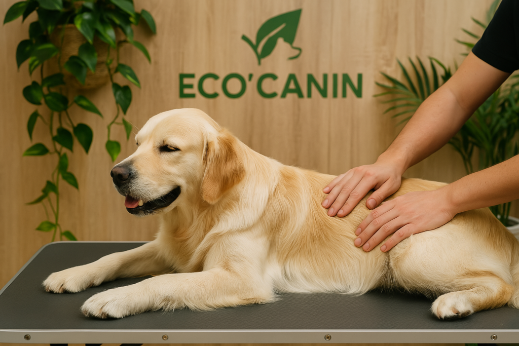Golden Retriever détendu sur une table de toilettage, avec un toiletteur appliquant un massage doux, dans un environnement lumineux et apaisant avec des plantes en arrière-plan.