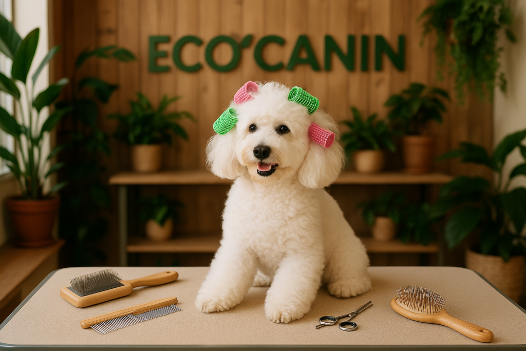 Chien blanc avec des bigoudis colorés assis sur une table de toilettage chez Eco’Canin, entouré de brosses, peignes et ciseaux, dans un cadre végétal chaleureux.