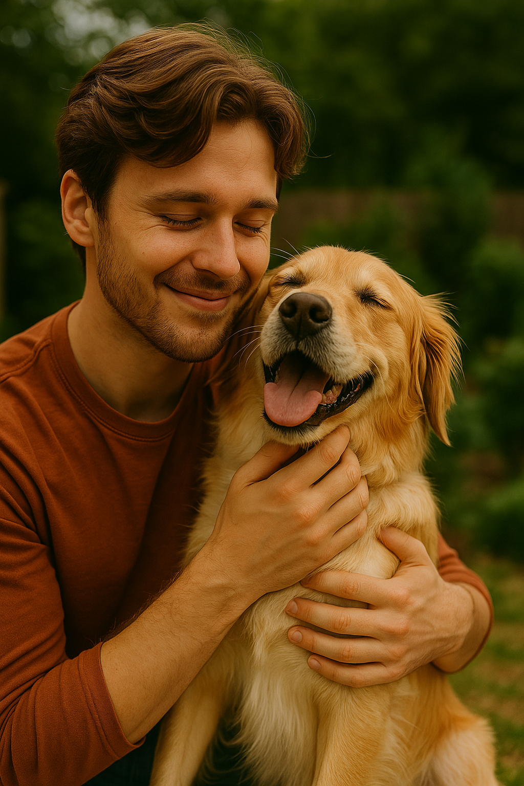 Homme souriant les yeux fermés enlaçant un Golden Retriever heureux, tous deux visiblement complices et détendus dans un cadre naturel.